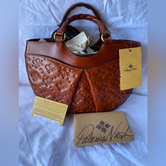 Patricia Nash Tan Brown Embossed Leather Satchel & crossbody strap.